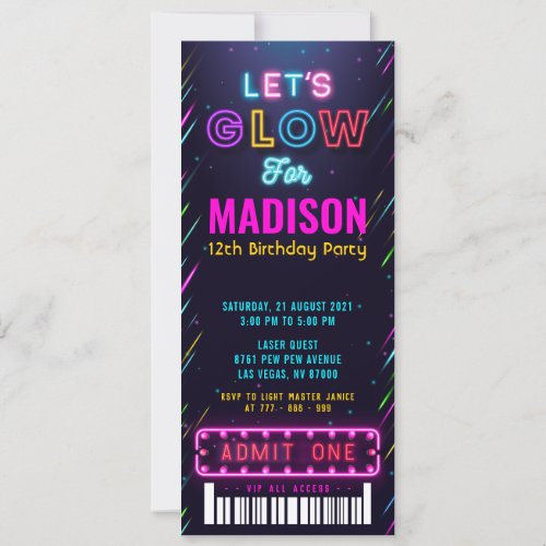 Glow Party Ticket Pass Birthday Invitation