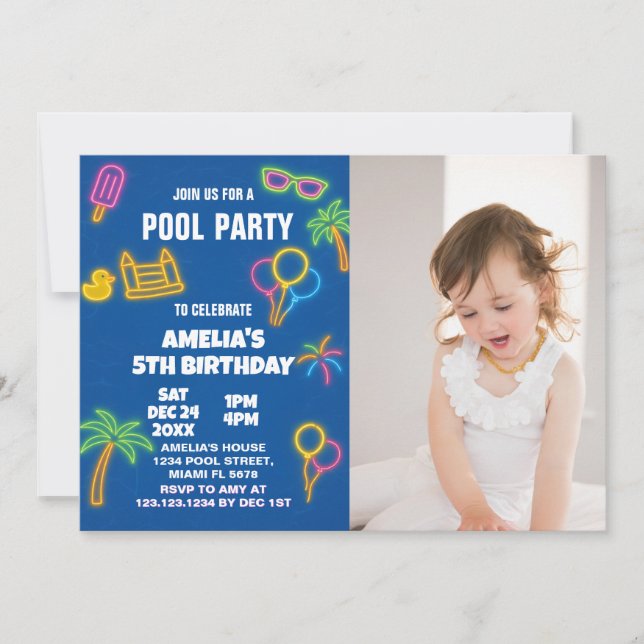 Glow Pool Party Birthday Invitation with photo (Front)