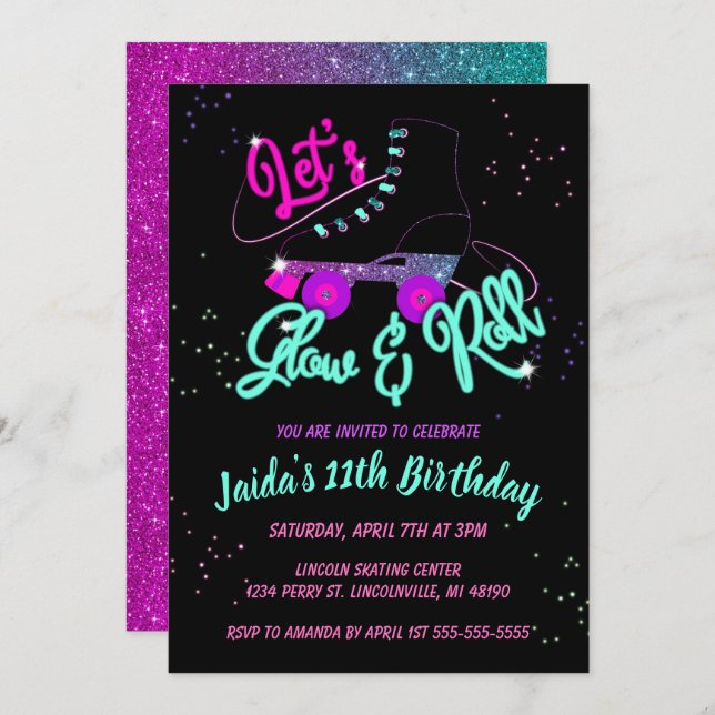 Glow Roller Skate Birthday Invitation (Front/Back)