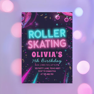 Glow Roller Skating Birthday   Neon Lights Party Invitation