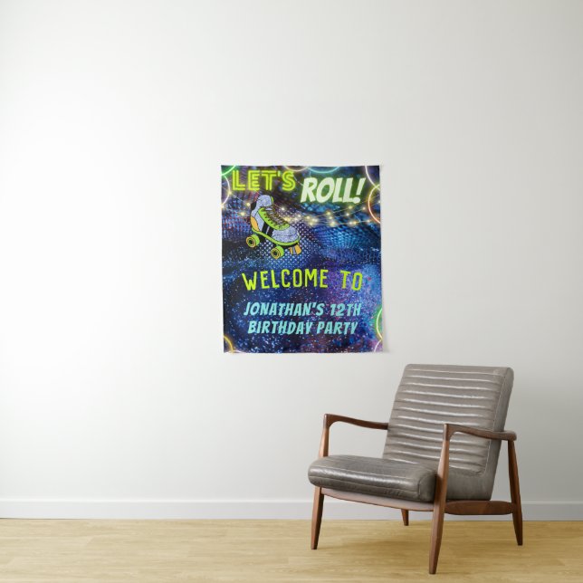 Glow Roller Skating Birthday Party Welcome Sign Tapestry (In Situ)