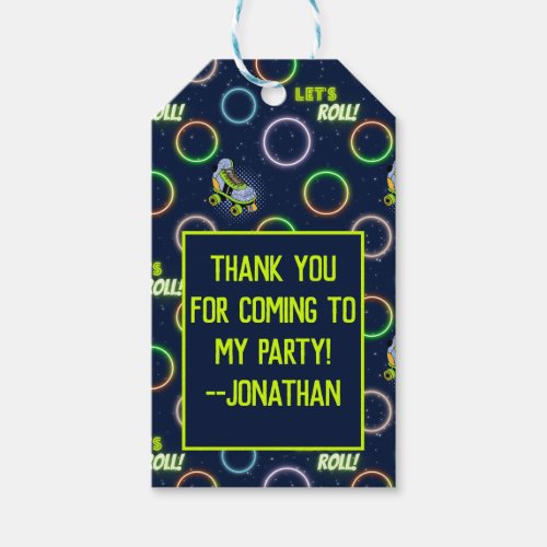 Glow Roller Skating Boys Birthday Party Blue Green Gift Tags