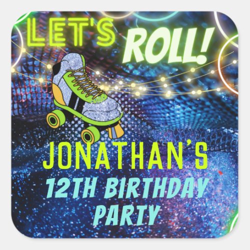 Glow Roller Skating Boys Birthday Party Favor Square Sticker