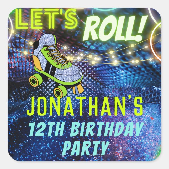 Glow Roller Skating Boys Birthday Party Favor Square Sticker (Front)