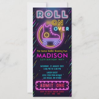 Glow Roller Skating Ticket Pass Birthday Invitation