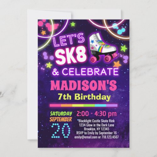 Glow Skating SK8  Celebrate Birthday Party Invitation