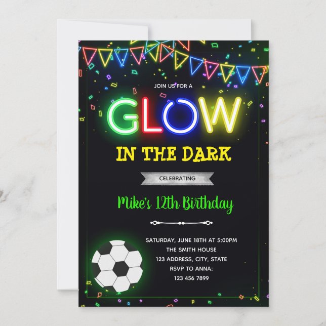Glow soccer football birthday invitation (Front)