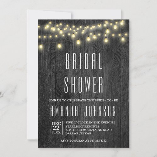 Glow String Lights Wood Rustic Barn Bridal Shower Invitation