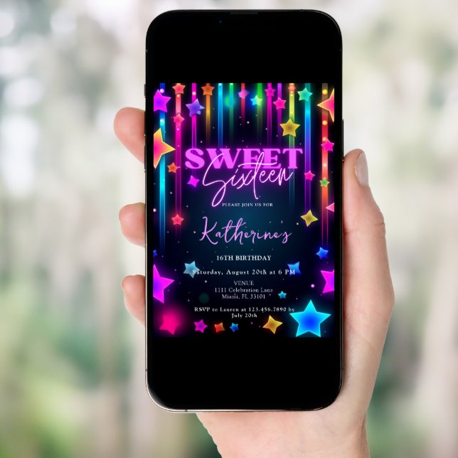 Glow Sweet 16 Sixteen Retro 80s Neon Bright Invitation (Front Digital)