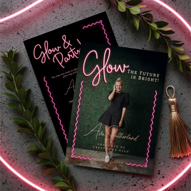 Glow The Future is Bright Fun Pink Neon Graduation Foil Invitation (Glow The Future is Bright Fun Pink Neon Graduation Foil Invitation)