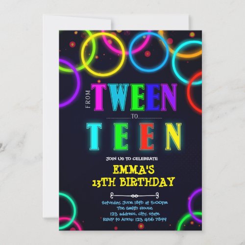 Glow tween to teen birthday invitation card