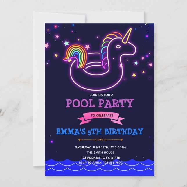 Glow unicorn pool theme party Invitation (Front)