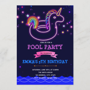 Glow unicorn pool theme party Invitation