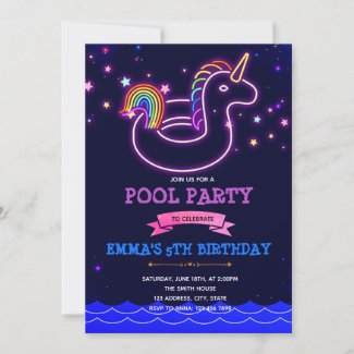 Glow unicorn pool theme party Invitation