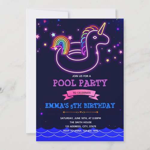 Glow unicorn pool theme party Invitation