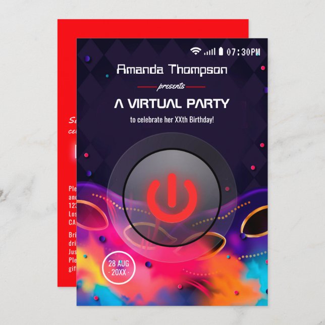 Glow Virtual Birthday Party Invitation (Front/Back)
