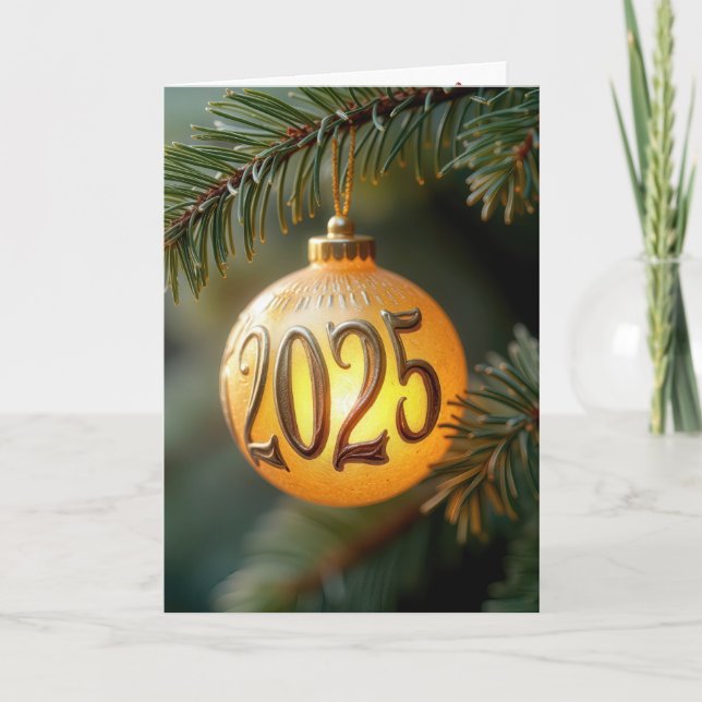 Glowing 2025 Christmas Ornament On Pine Branch Holiday Card (Front)