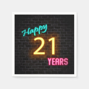 glowing 21 neon sign on brick wall napkins