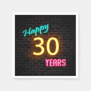 glowing 30 neon sign on brick wall napkins