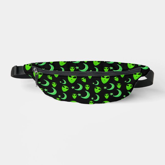 Glowing Aliens, Crescent Moon and Stars on Black Fanny Pack (Front)