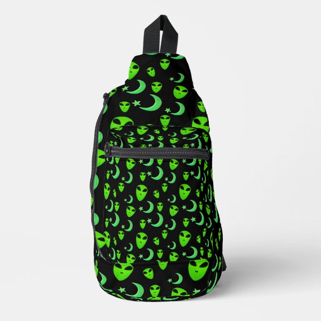 Glowing Aliens, Crescent Moon and Stars on Black Sling Bag (Front)