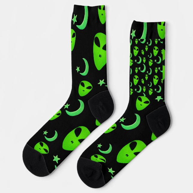 Glowing Aliens, Crescent Moon and Stars on Black Socks (Left)