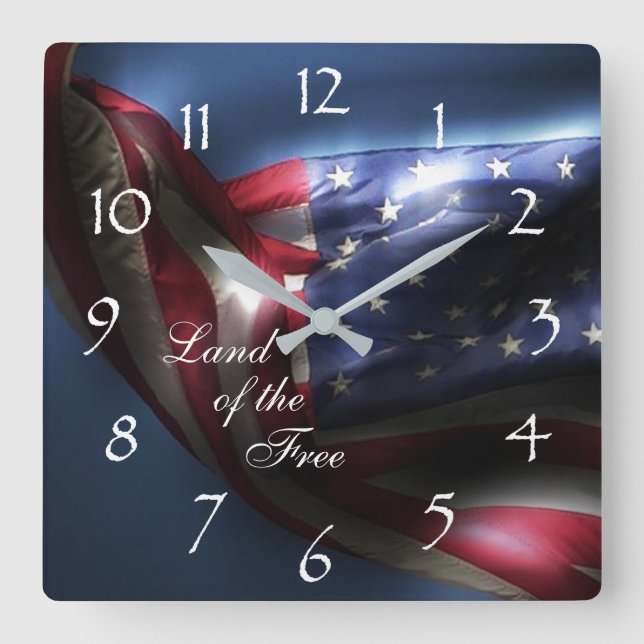 Glowing American Flag/Land of the Free Square Wall Clock (Front)