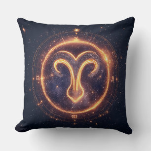 Glowing Aries Zodiac Symbol on a Starry Space Throw Pillow