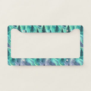 Glowing Aurora Over Pine Forest Night Scene License Plate Frame