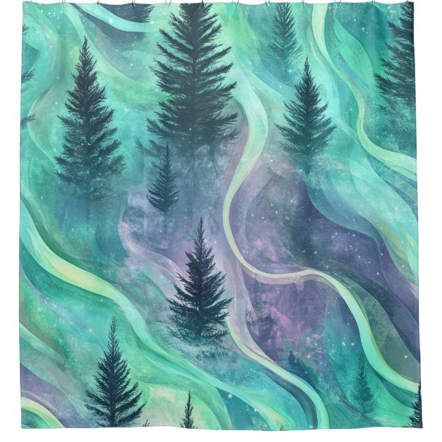 Glowing Aurora Over Pine Forest Night Scene Shower Curtain (Front)