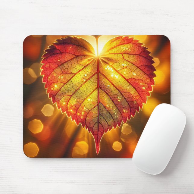 Glowing Autumn Heart Leaf Mouse Pad (With Mouse)