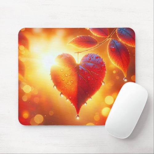 Glowing Autumn Leaf Heart Mouse Pad