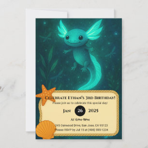 Glowing Axolotl in Magical Underwater Birthday Invitation