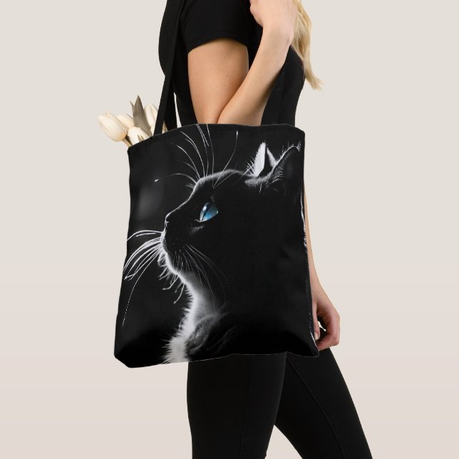 Glowing Black Cat Protrait With Blue Eye Tote Bag (Close Up)