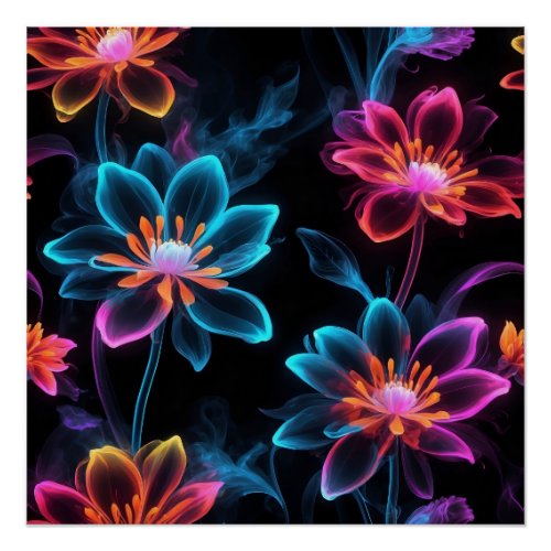 Glowing Blooms Neon Flowers in Night Poster