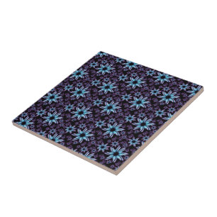 Glowing Blue and Purple Floral Design Ceramic Tile