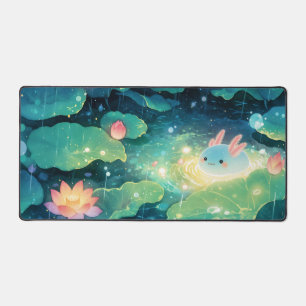 Glowing Blue Axolotl Rainy Night Lotus Pond Desk Mat