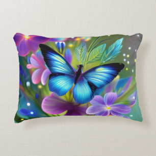 Glowing Blue Butterfly in Fairy Garden Accent Pillow