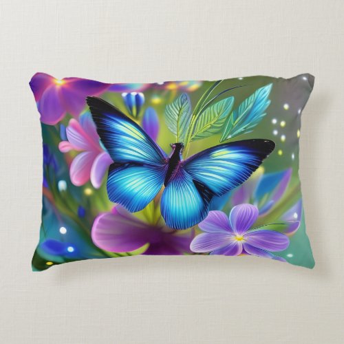 Glowing Blue Butterfly in Fairy Garden  Accent Pillow