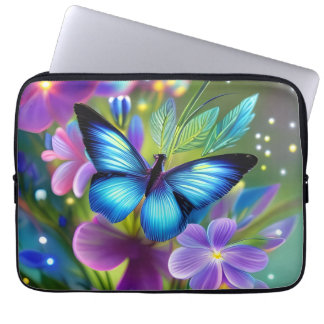 Glowing Blue Butterfly in Fairy Garden Laptop Sleeve