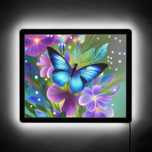 Glowing Blue Butterfly in Fairy Garden  LED Sign