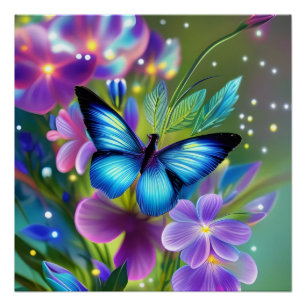 Glowing Blue Butterfly in Fairy Garden Poster