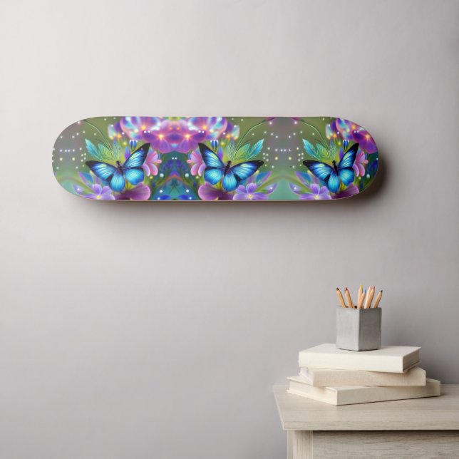Glowing Blue Butterfly in Fairy Garden  Skateboard (Wall Art (Horz))