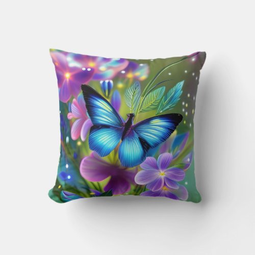 Glowing Blue Butterfly in Fairy Garden  Throw Pillow