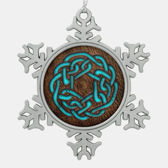Glowing blue celtic knot on leather digital art snowflake pewter christmas ornament (Front)