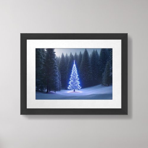 Glowing Blue Christmas Tree in Snowy Forest Framed Art