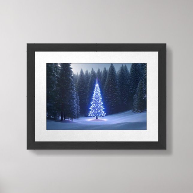 Glowing Blue Christmas Tree in Snowy Forest Framed Art (Framed Front)