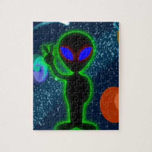 Glowing Blue Eyes Peace Space Alien Jigsaw Puzzle