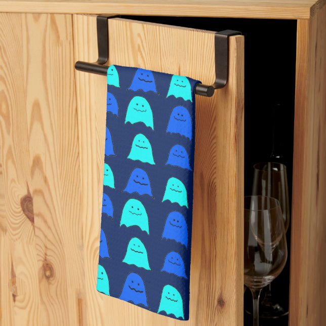 Glowing Blue Halloween Ghosts Kitchen Towel (Thirds Fold)