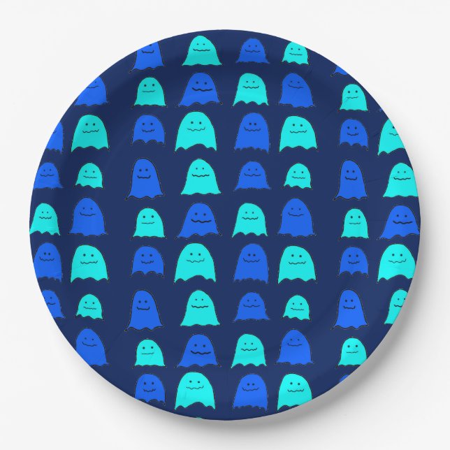 Glowing Blue Halloween Ghosts Paper Plates (Front)
